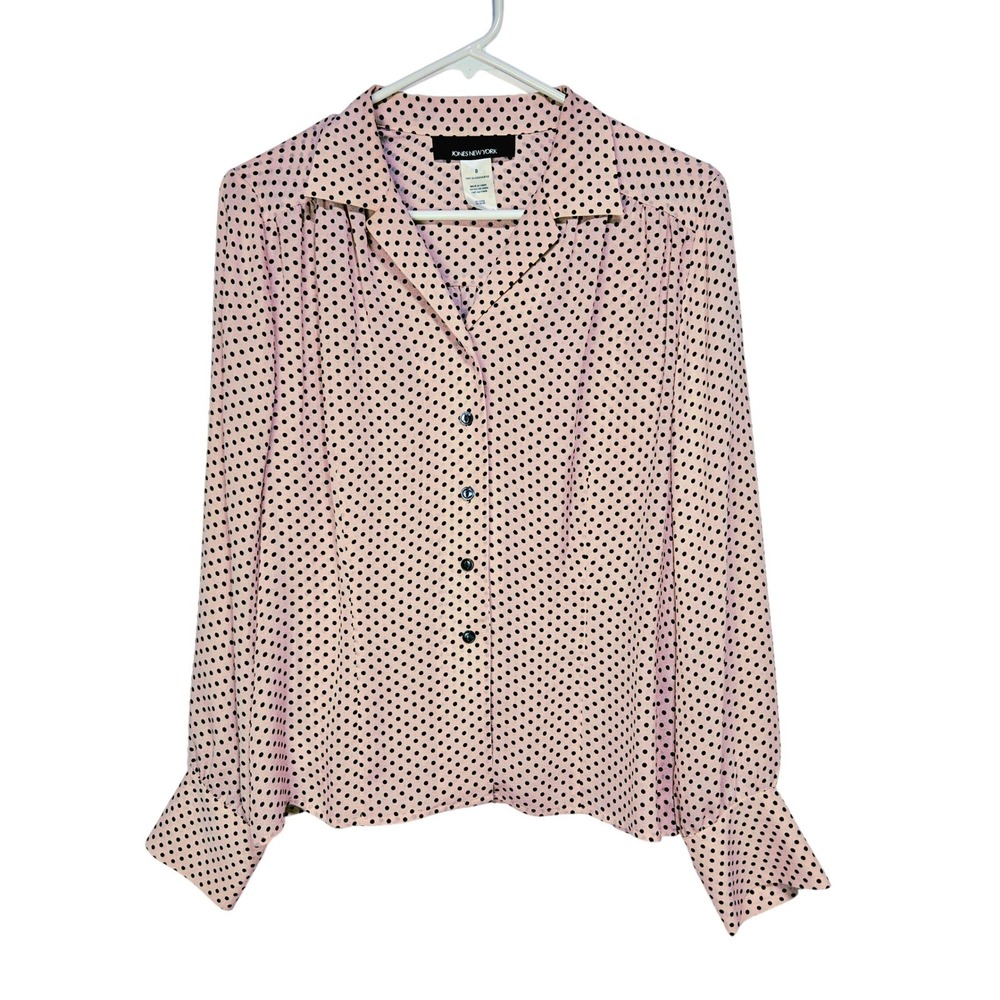 Jones New York Pink Polka Dot 100% Silk Button Blouse 8/Med Office Pastel Chic